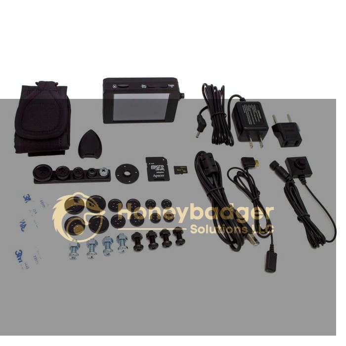 Components of the Pro DVR Button Camera Bundle including camera unit, mounts, cables, and accessories.