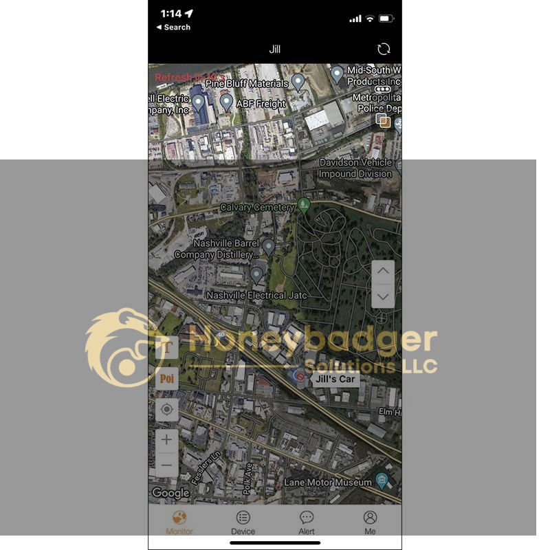 A smartphone screenshot shows a map of Nashville, Tennessee, with a marker labeled 'Jill's Car' near Calvary Cemetery.