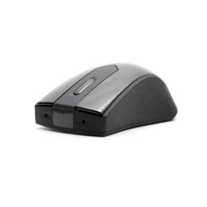 Wireless mouse in black with a scroll wheel and buttons, designed for covert surveillance applications.