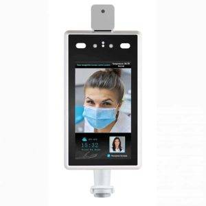 Body temperature scanner camera displaying a woman wearing a blue surgical mask, with temperature, time, date, and weather information.