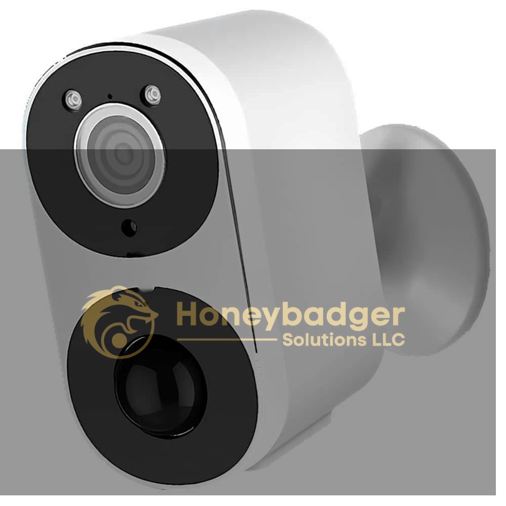 White rectangular security camera with a black front panel and lens, designed for wall mounting.