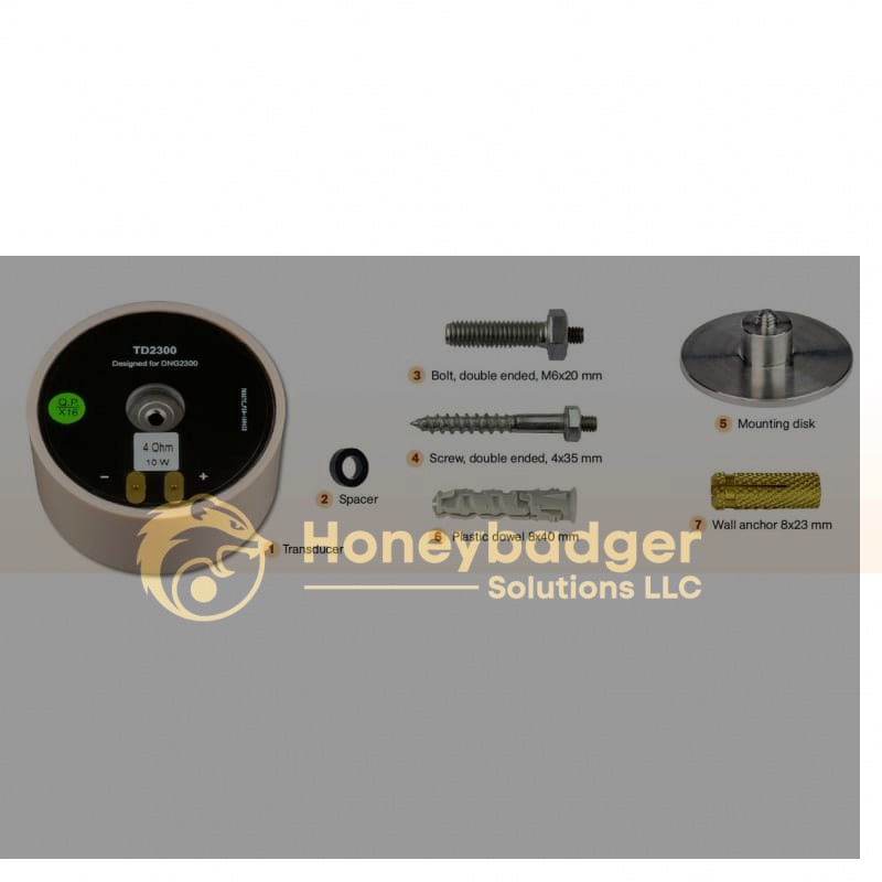 Transducer for White Noise Generator with labeled installation parts: spacer, double-ended bolt, screw, plastic dowel, mounting disk, and wall anchor.