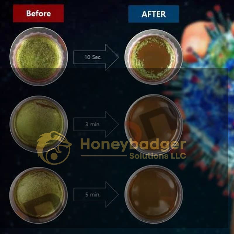 Petri dishes labeled 'Before' and 'After' showing changes at 10s, 3min, and 5min from a UV Sanitizer Gun's effect against viruses.