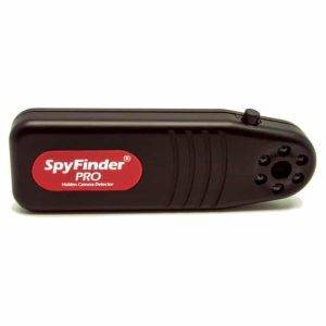 SpyFinder Pro is a black handheld device with a button on top and circular openings, used for detecting hidden cameras.