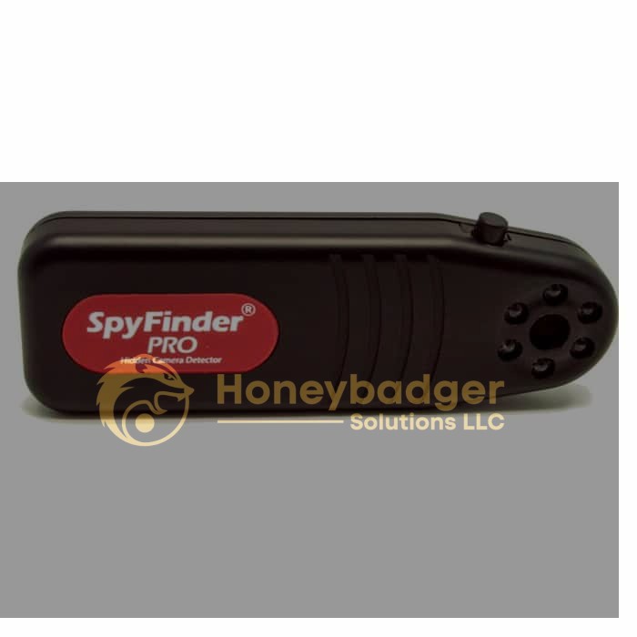 SpyFinder Pro is a black handheld device with a button on top and circular openings, used for detecting hidden cameras.