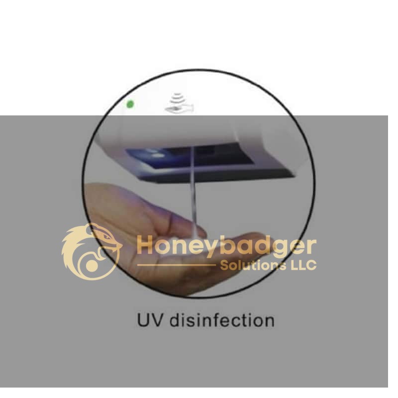 Automatic hand sanitizer dispenser dispensing sanitizer with UV disinfection feature for hygiene protection.