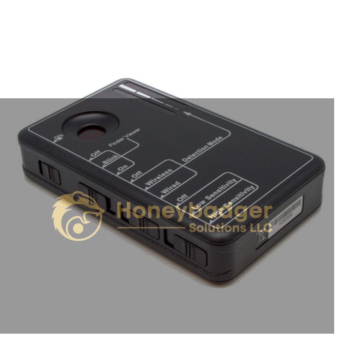 LawMate Pocket RF Detector, a black rectangular device with labeled switches and buttons for power, mode, and sensitivity settings.