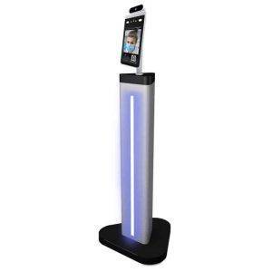 TMT2 2 Foot Stand featuring a touchscreen display and a vertical blue light strip on a black base.