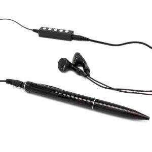 Black pen-shaped audio recorder with matching black earbud headphones and inline control on a white background.