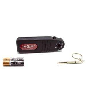 Black SpyFinder Pro device alongside two AA Duracell batteries and a small metal keychain on a white background.