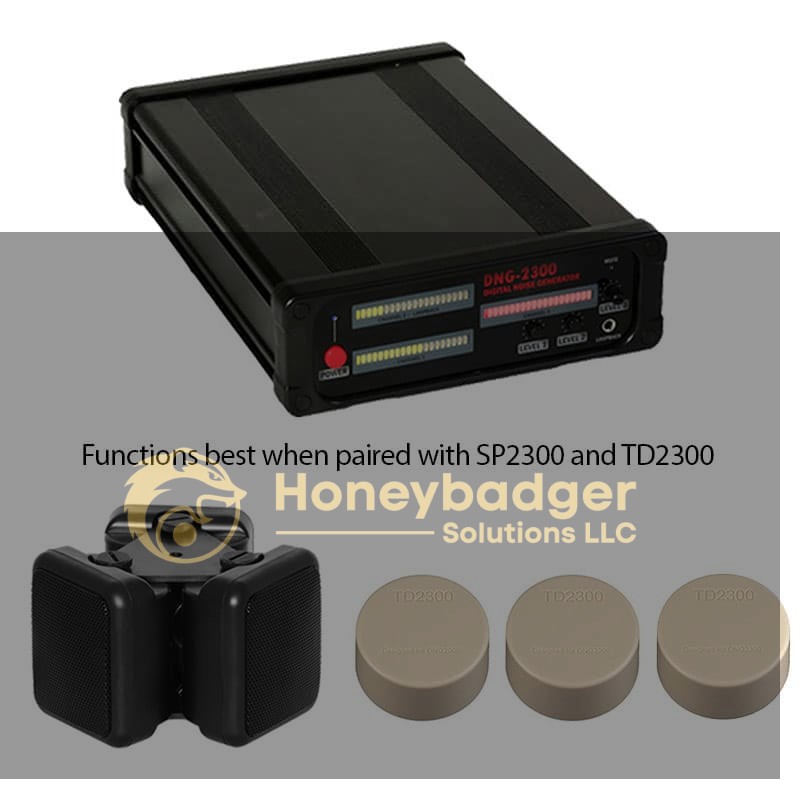 DNG-2300 white noise generator with two black cubes and three round beige TD2300 units arranged on a white background.
