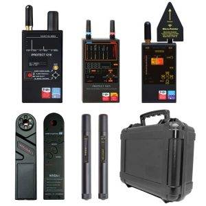 Detection and Counter Surveillance Kit with six electronic devices and a black hard carrying case arranged on a white background.