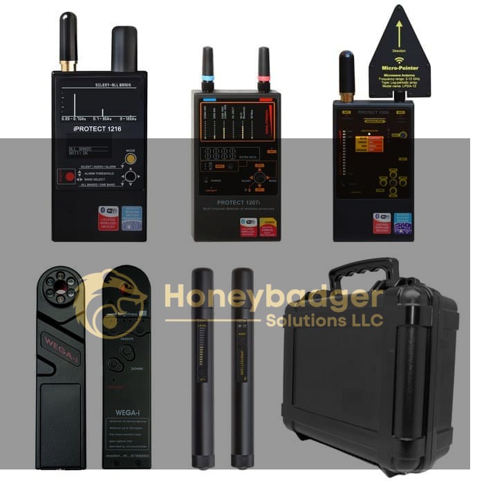 Detection and Counter Surveillance Kit with six electronic devices and a black hard carrying case arranged on a white background.