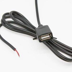 Black USB-A extension cable featuring a female connector on one end and exposed red and black wires on the other.
