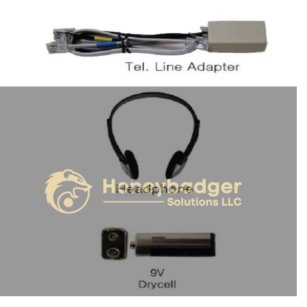 Tel line adapter, headphone, and 9V drycell battery displayed together on a neutral background.