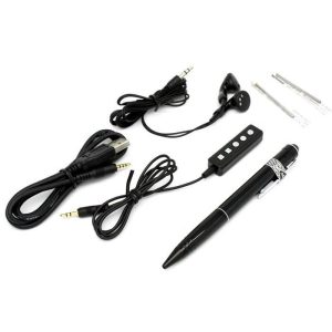 A black voice record pen with silver accents, USB cable, earphones, control module, and two ink refills arranged together.