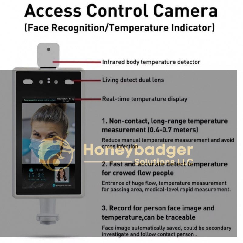 Access control camera featuring face recognition, dual lens, and temperature detection capabilities for security applications.