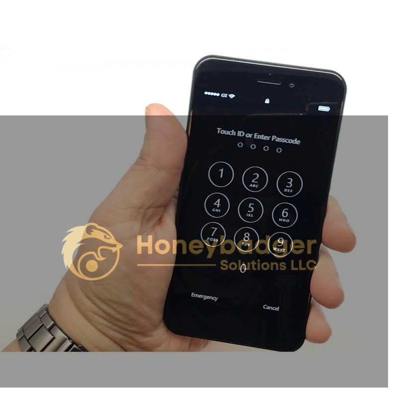 A hand holds a smartphone showing a passcode screen with numeric keypad, Touch ID, emergency, and cancel options.