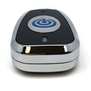 Close-up of the deScammer Credit Card Skimmer Detector, an oval-shaped remote with a shiny silver edge and a blue power button.
