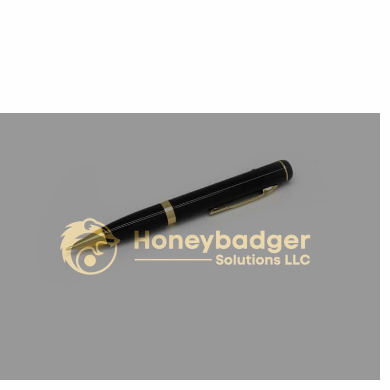 A black ballpoint pen with gold accents and a pocket clip on a plain white background.