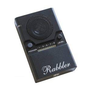 Rabbler Noise Generator, a compact black handheld device with a circular speaker and labeled dials for power and level.