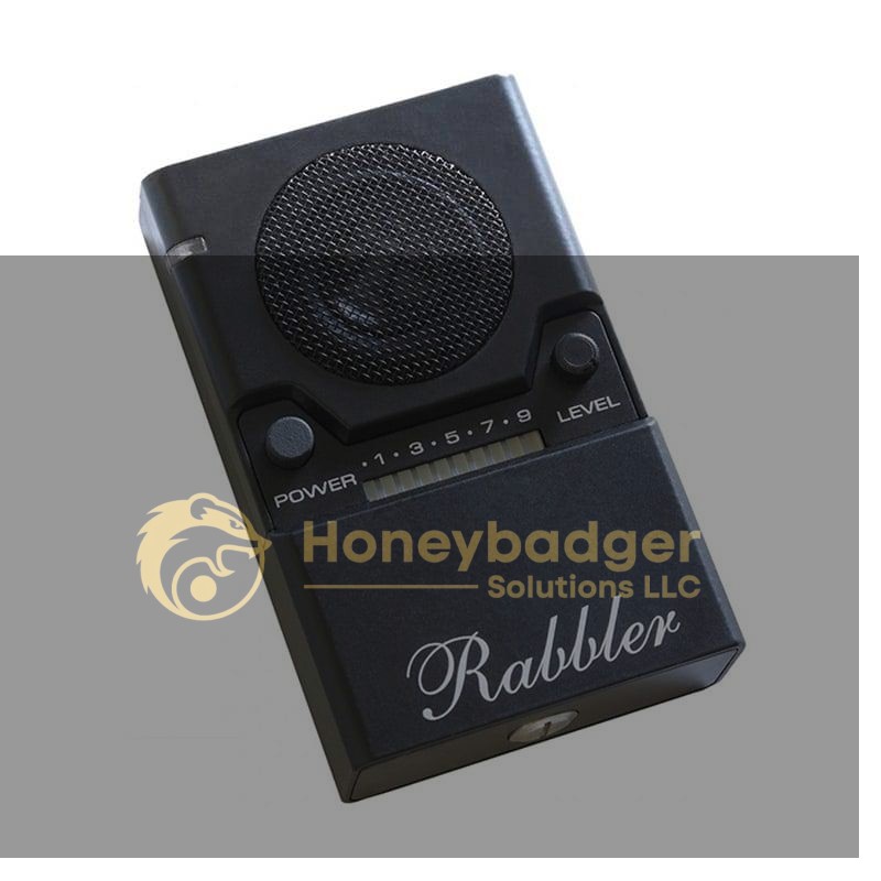 Rabbler Noise Generator, a compact black handheld device with a circular speaker and labeled dials for power and level.
