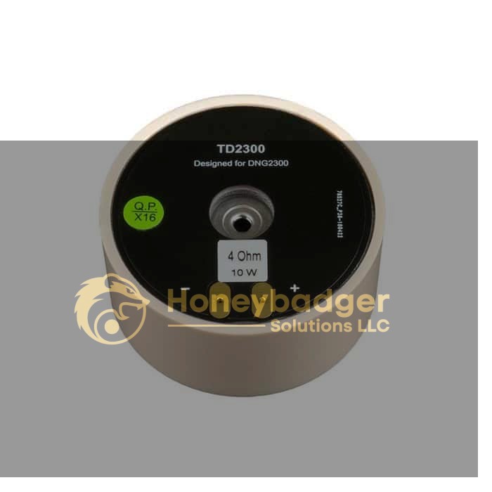 Round transducer marked 'TD2300 Designed for DNG2300,' with two connectors and a threaded hole, beige outer case.