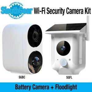 SleuthGear Wi-Fi Security Camera Kit includes a Battery Camera and a Solar Floodlight Camera.