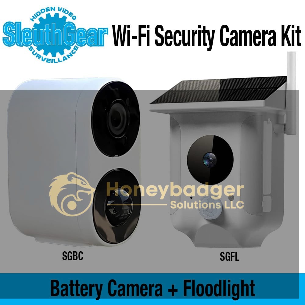 SleuthGear Wi-Fi Security Camera Kit includes a Battery Camera and a Solar Floodlight Camera.