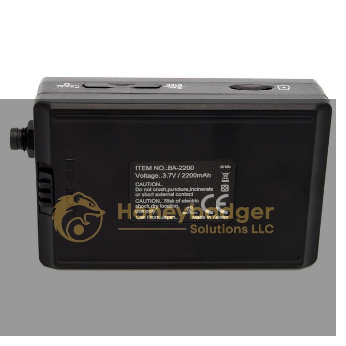 Black rectangular battery pack labeled 'ITEM NO.: BA-2200,' 3.7V, 2200mAh, with safety warnings and certifications.