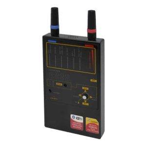 The iProtect Multi-Channel Detector for Wireless Protocols is a black handheld device with two antennas and various buttons and indicator lights.