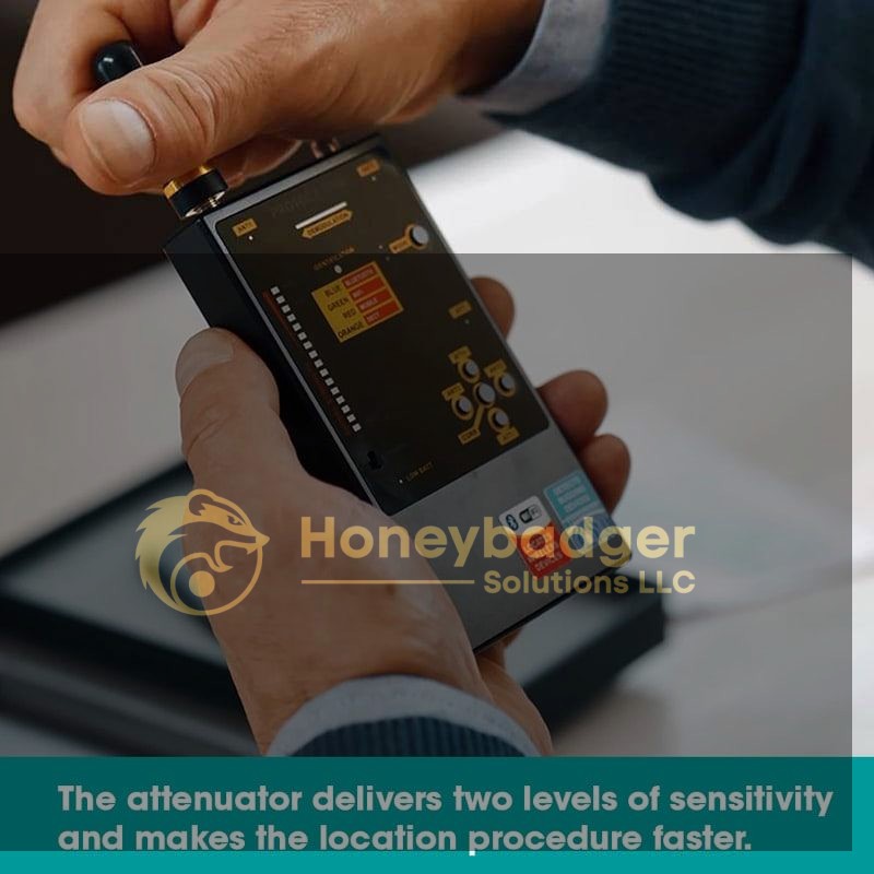 Handheld iProtect Digital RF Detector with buttons and labels, offering two sensitivity levels for faster location.