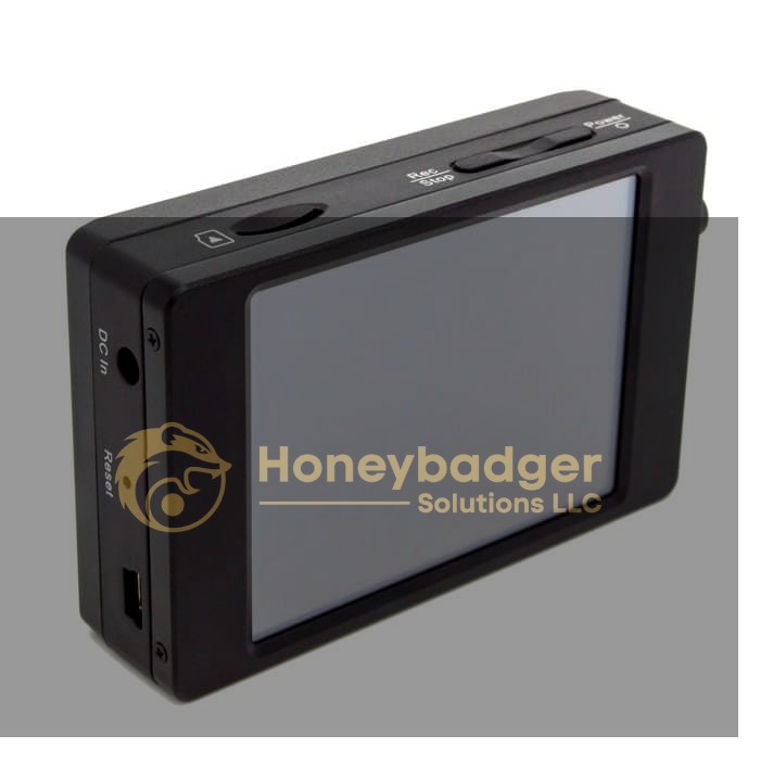 Black Professional Handheld 1080P P2P Wi-Fi DVR with a large screen and side buttons for DC in, Reset, and USB port.