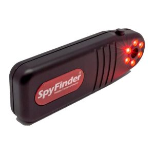 A black handheld SpyFinder device with five illuminated red LEDs for detecting hidden cameras.