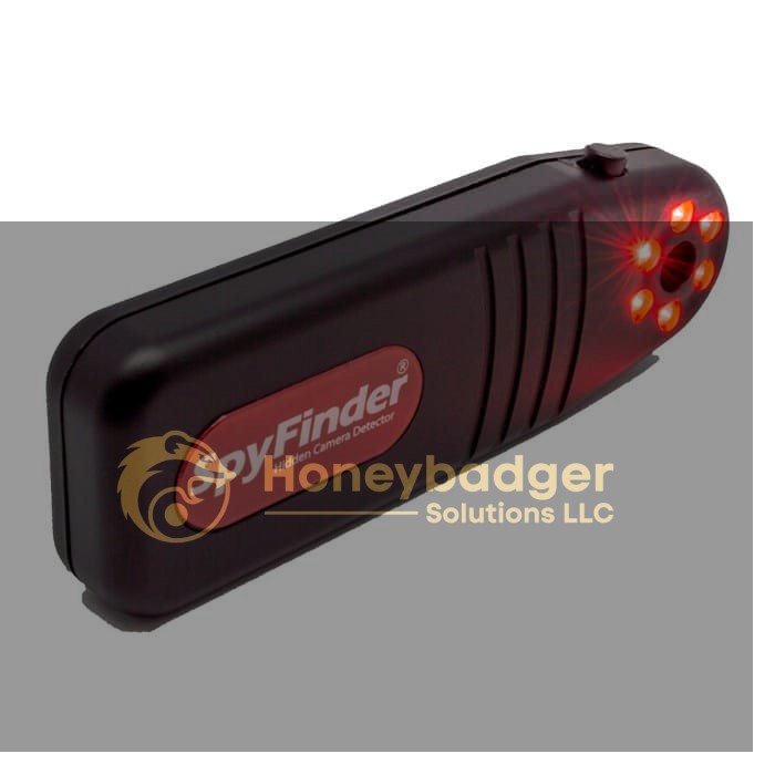A black handheld SpyFinder device with five illuminated red LEDs for detecting hidden cameras.