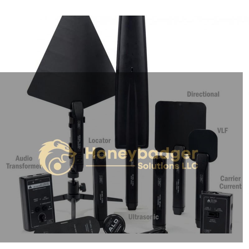 Set of electronic detection tools including directional and VLF antennas, locators, ultrasonic probes, and carrier current devices.