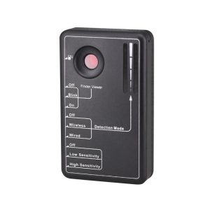 LawMate Pocket RF Detector in black with labeled buttons and a red indicator light for digital forensics.