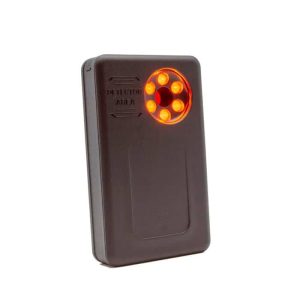 Compact black LawMate Pocket RF Detector with a circular detection area and red-orange lights for RF signal detection.