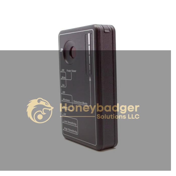 LawMate Pocket RF Detector, a black handheld device with labeled switches and an indicator light for digital forensic use.
