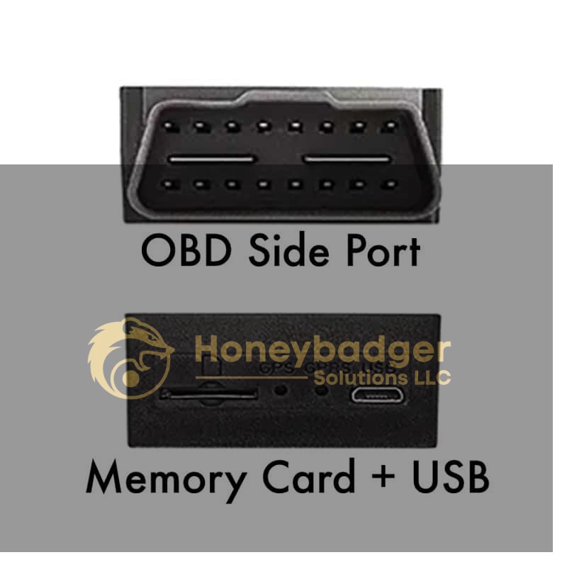 iTrail Snap OBD 5G Tracker displaying an OBD side port and slots for a memory card and USB.