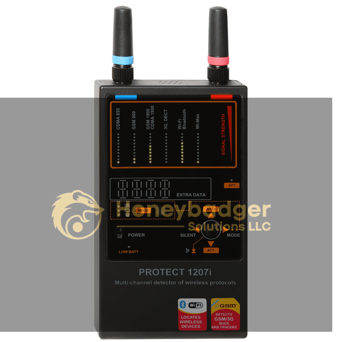 PROTECT 1207i is a black handheld device with antennas, LED indicators, and buttons for detecting wireless protocols.