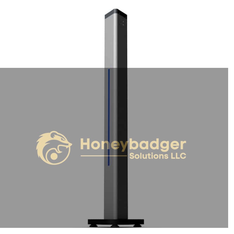 TMT2 4 Foot Floor Stand, a tall silver tower with a black top and blue vertical light strip, standing upright.