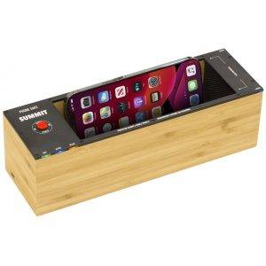 Summit Multi Phone Safe, a rectangular wooden box with a red lock button and labeled controls, designed for smartphone storage.