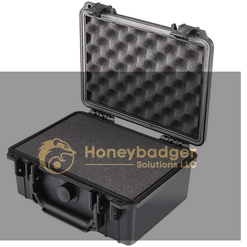 Large waterproof protective case with foam padding inside, featuring a handle and pressure release valve.