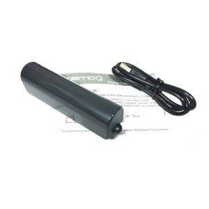 Digital voice recorder and power bank in black with a USB cable on top of an instruction sheet.