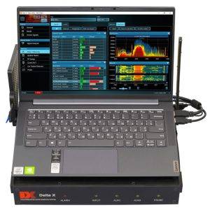Lenovo laptop displaying signal analysis software on a Delta X Portable Real-time Spectrum Analyzer with external cables and antennas.