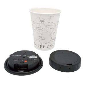 WiFi Coffee Cup Lid DVR displayed on a paper cup with a world map design, alongside two black lids, one plain and one with electronic components.
