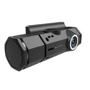 Black rectangular dual camera dashcam with wide lens and mounting bracket for vehicles.