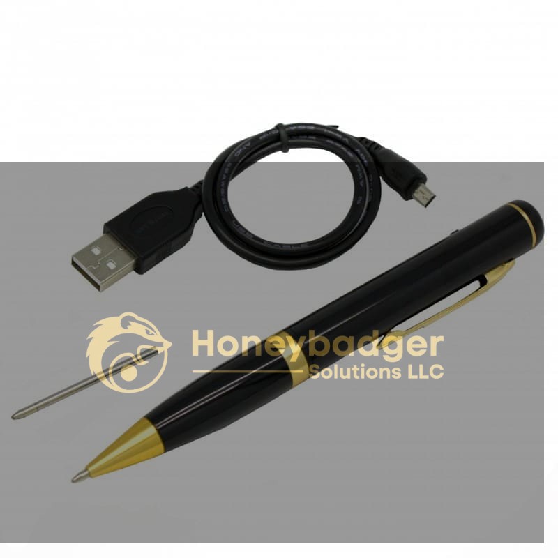 Black and gold video pen with motion detection, USB charging cable, and metal refill displayed on a white background.