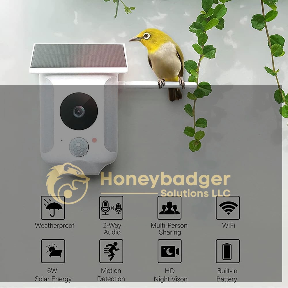 A small yellow-green bird perches on a SleuthGear Wi-Fi Ultimate Home Security Kit camera mounted on a wall.